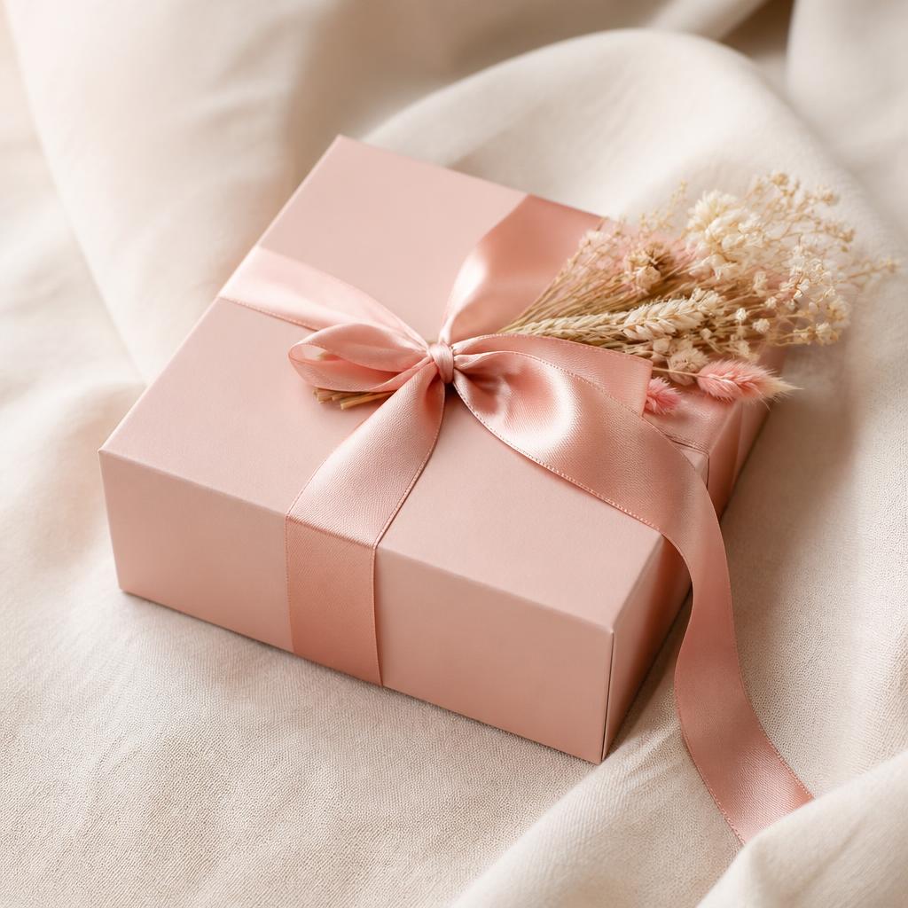 Pink gift box tied with satin ribbon and dried flowers