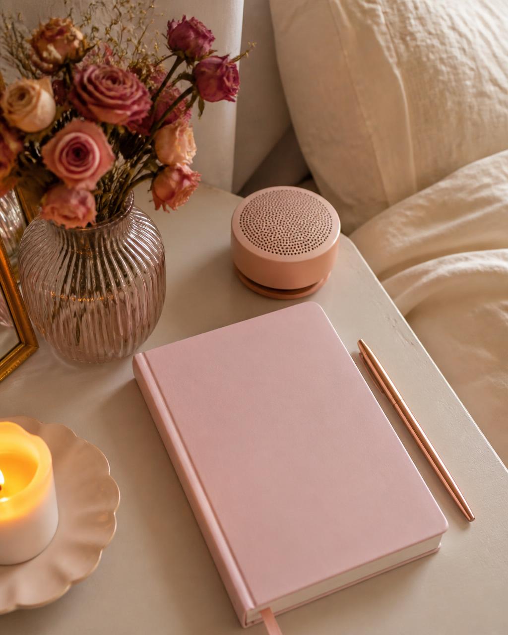 Bedside scene with a pink notebook, pen, mini speaker and roses